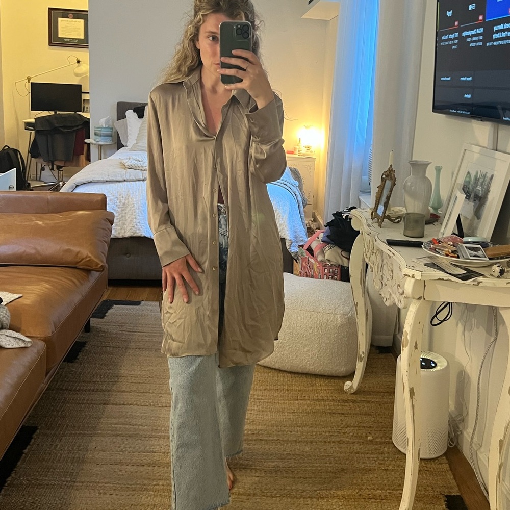Olive green silk oversized shirt / dress